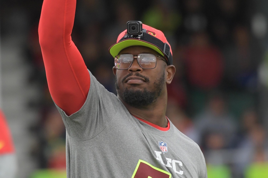 Von Miller wearing a Broncos cap at practice